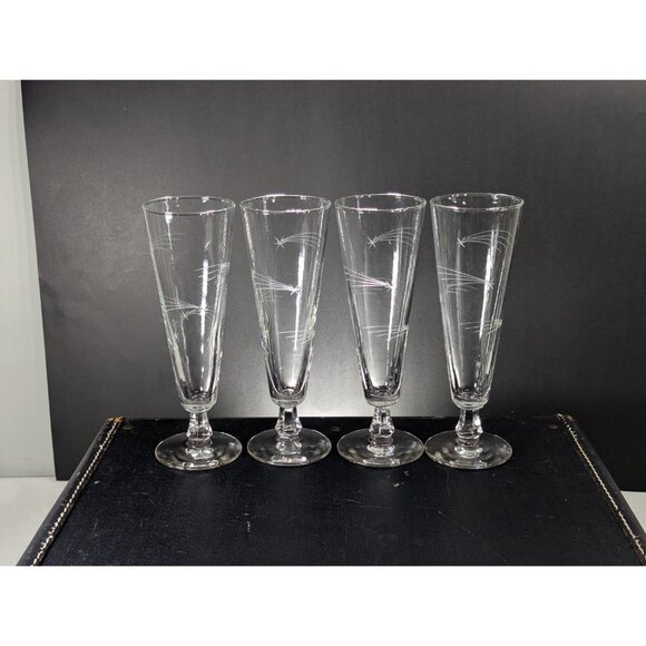 Vintage Atomic Shooting Stars Pilsner Beer Glasses Set of 4, MCM Clear stemmed - Picture 3 of 9